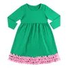 100% cotton boutique children clothing solid green ruffle Fall and winter dress