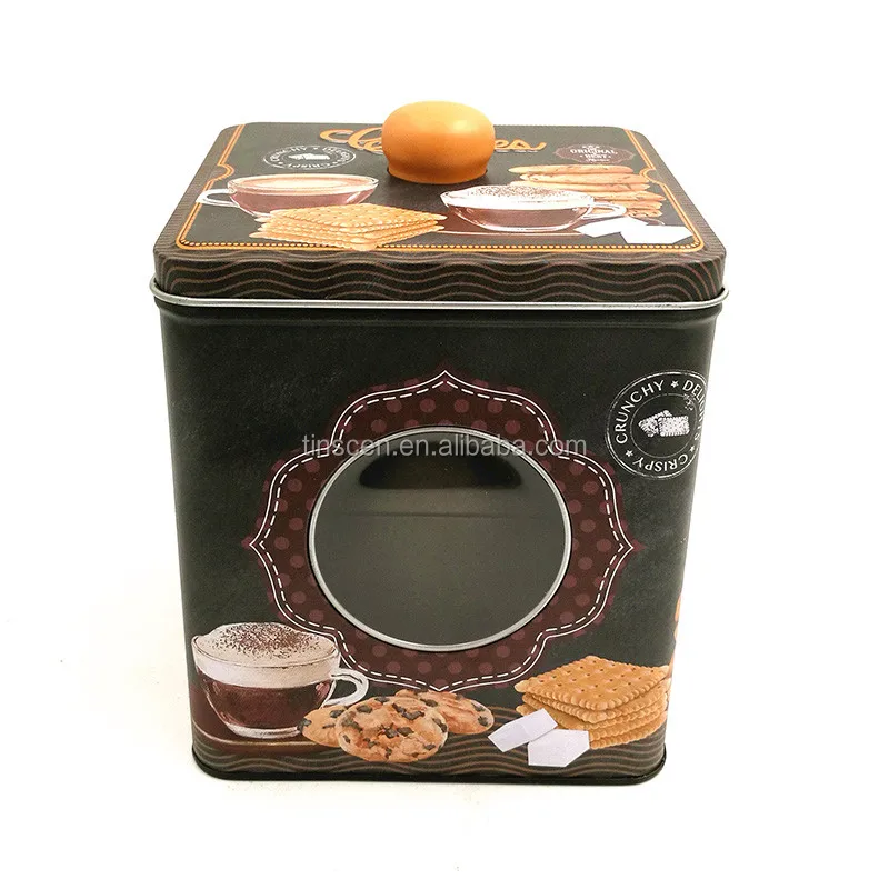tin box with knob handle and pvc window for biscuit candy gift
