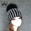 Top quality hot sale custom stripe rhinestone knit hat beanie with fur pom