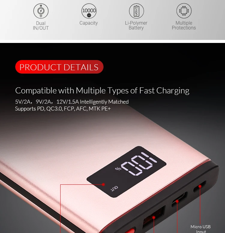 PD QC3.0 Type-C fast charging 10000mah Power Bank with LCD screen display - ANKUX.COM