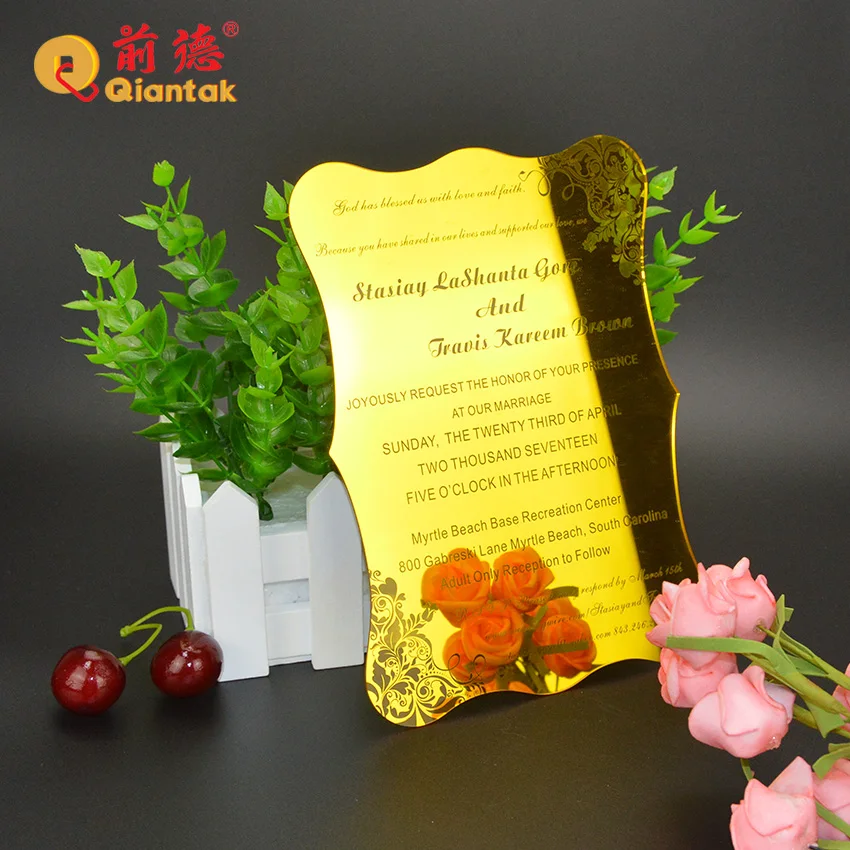 2 MM Thickness Golden Luxury Custom Laser Cut Acrylic Wedding Invitations Card