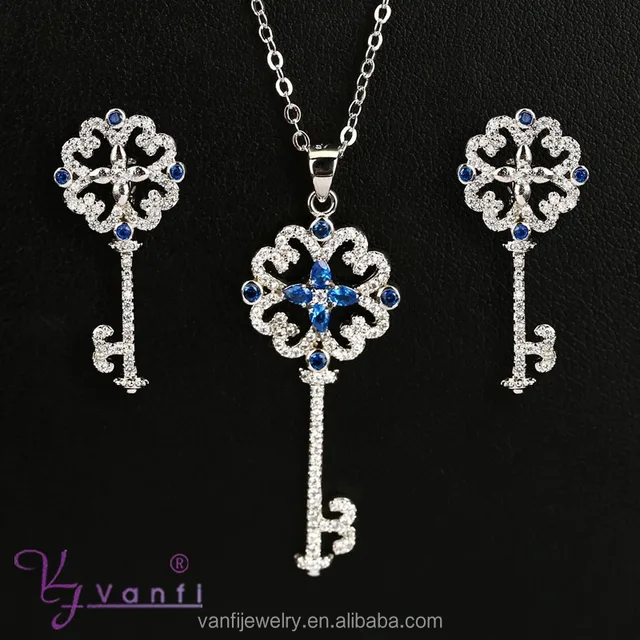 fashion sweater chain key shape rhodium earring necklace with