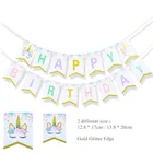 Rainbow Unicorn Themed Party Favors Decorations Gold Golitter Happy Birthday Bunting Banner