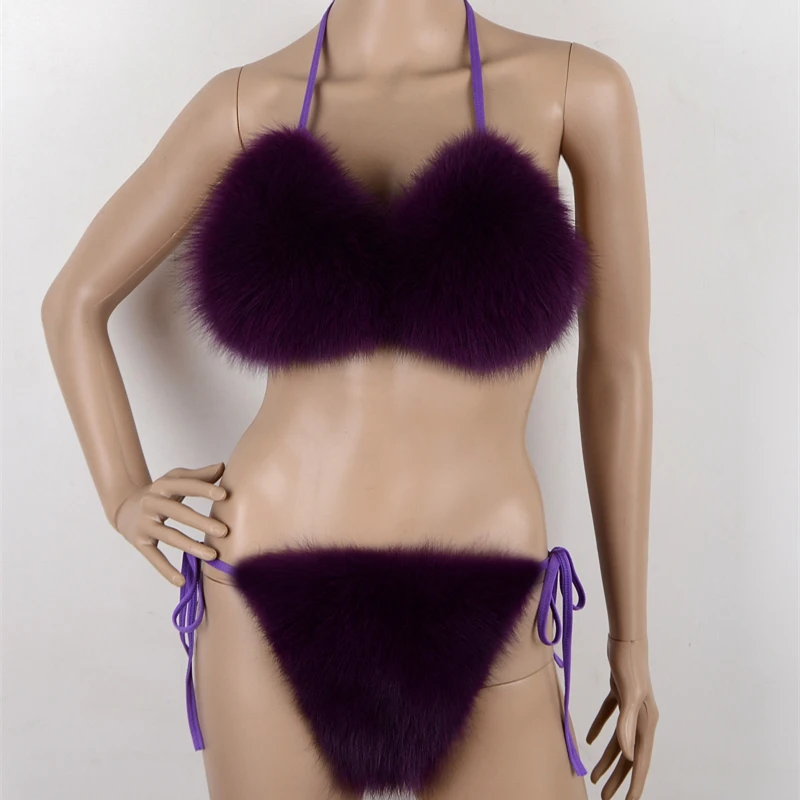 2019 Wholesale Custom Fluffy Fur Bra Hipster Bikini Women Fox Fur Bra