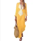 Summer Ultra Deep V Cotton And Linen Maxi Women Long Sleeve Embroidery Ladies Casual Dresses