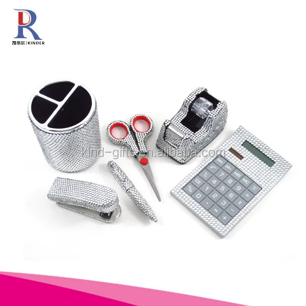 6 Piece Clear Crystal Office Supply Set: Pen Holder, Scissors, Calculator, Pen, Tape Dispenser & Stapler