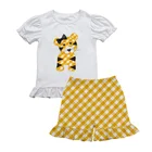 Maxine new design boutique outfits kids clothes wholesale tiger applique shirt and gingham shorts girls clothing sets