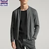 Mens grey cotton silk knitted jacket zipper down cardigan sweater crew neck long sleeves