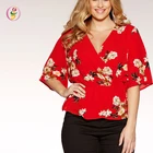 Plus Size Red Crepe Floral Crossover Top V neckline wide sleeve blouse for fat women
