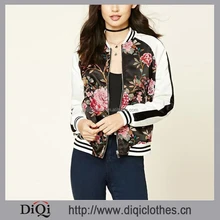 Hot Selling Factory Price Custom OEM Striped Trim Zipper Floral Satin Souvenir Jacket
