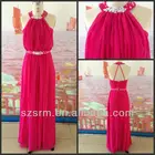 New Arrival Pleats Chiffon Straight Beaded Halter Neck Evening Dress