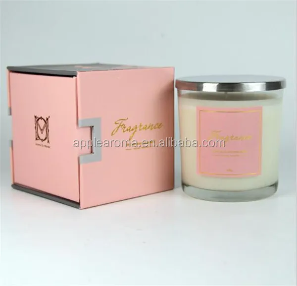 glass jar scented candle with metal lid in gift box