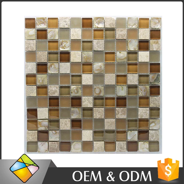 Old-fashion Bathroom Wall Decoration Brown Mother Of Pearl Shell Mix Glass Stone Mosaic Tile