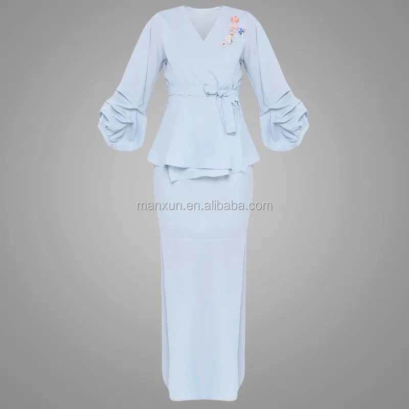 Kebaya Beaded Long Puff Sleeve Kurung  2017 Muslim Dress Light Blue Baju Kurung And Baju Melayu 