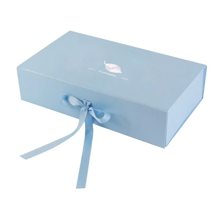printed bule foldable magnetic closure gift box with ribbon