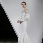 2018 Long Sleeve Off Shoulder Simple Satin Mermaid Wedding Dress Spaghetti Strap Backless Sexy Bridal Gown With Belt