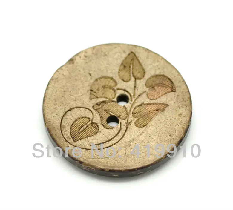 Free shipping-30PCs Brown Leaf Pattern 2 Holes Round Coconut Shell Sewing Buttons 28mm(1 1/8")18mm,M00804