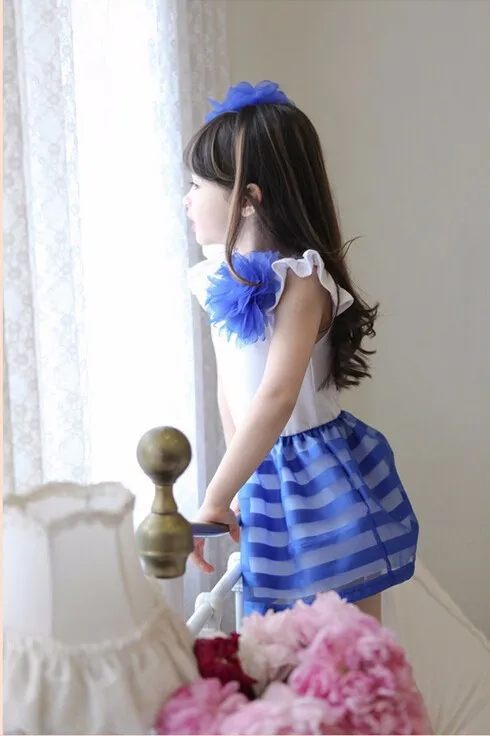 2015 summer girls dress girls princess stripe dress 3D flower color cute pageant party wedding costume kids clothing best gift