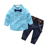 hot sell fall boy fashion suit long sleeve grid shirt + overalls 2pcs baby boys clothing set