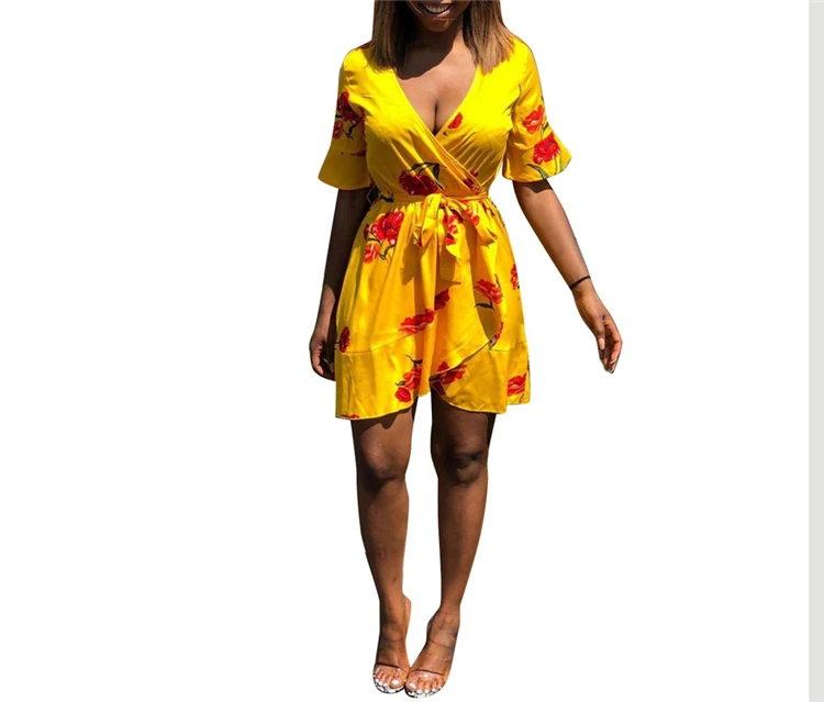 Zapatos casuales para mujer vestido amarillo de verano de manga corta con estampado floral vestidos