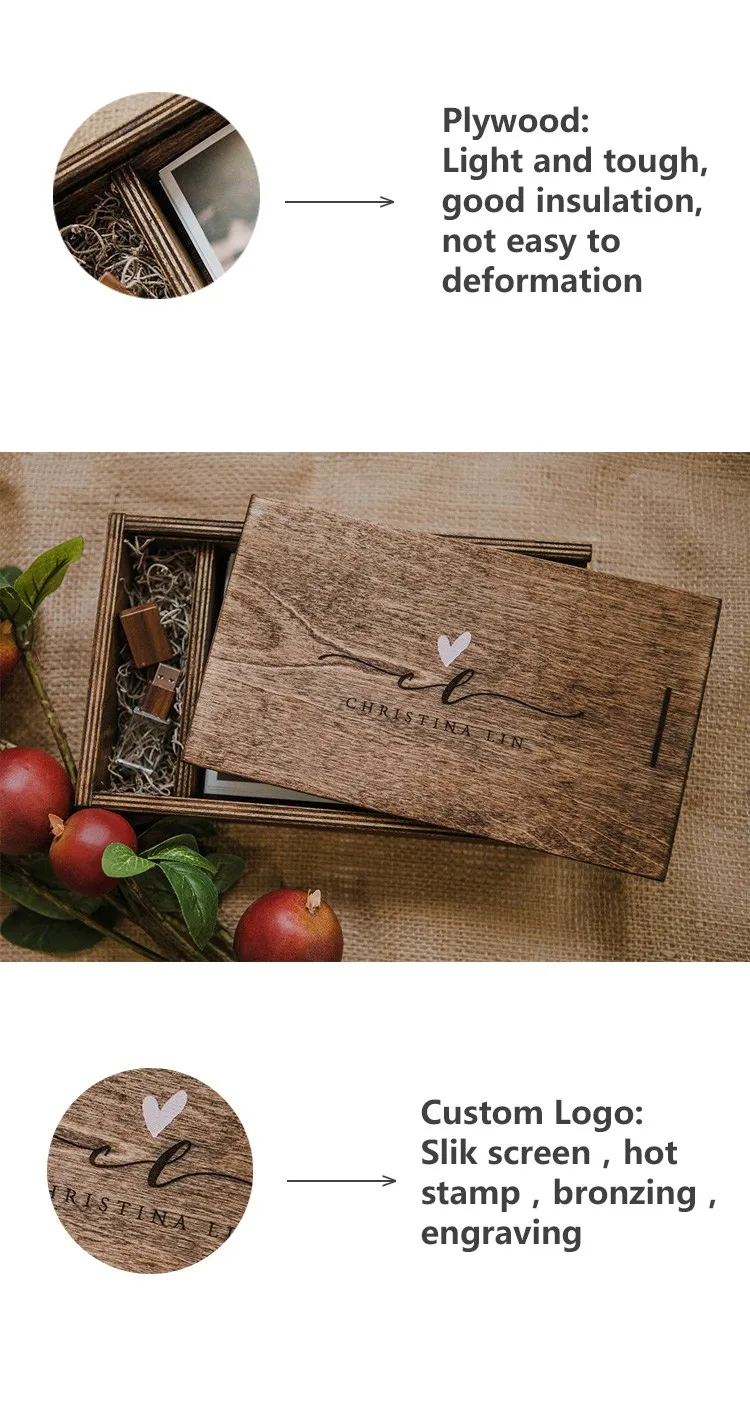 personalized logo wedding usb gift box 5*7 wooden