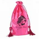 Hot sale Custom logo drawstring Pink Satin hair extensions storage bag with tassel