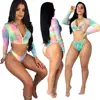 2019 New Arrivals Summer Fashion Women Sexy Zipper Up Long Sleeve Crop Top Colorful Floral Printed 2 Pieces Set Bikini Swimwear