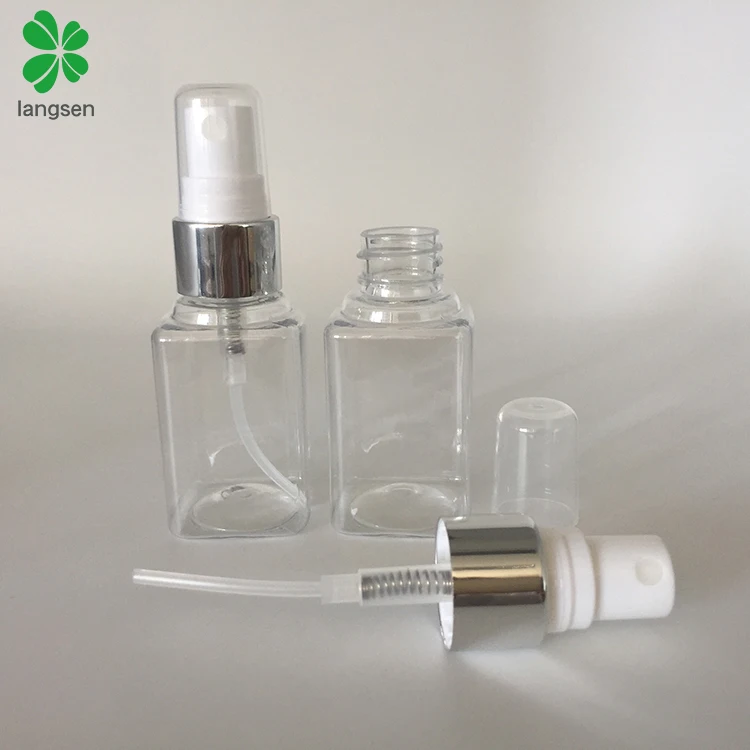 Refillable transparent plastic PET 40ml square perfume spray bottle with silver spray cover cap