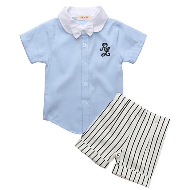 High qualtiy Baby boys Summer Clothing Set :Kids Boys Cotton shirt + Stripe Short +tie. children gentleman 3 pcs set 9M-24M