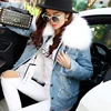2017 Women winter removable parka coat wholesale real fox fur lined denim jacket with raccoon fur collar