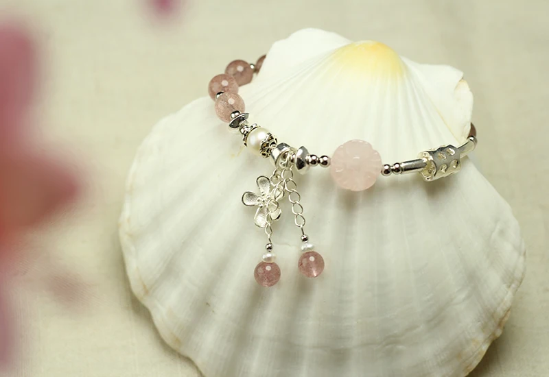 Sinya strawberry quartz rose quartz pearl bracelet in 925 sterling silver for girls women lover (11)