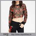 New Fashion clothes manufacturer export wholesale ladies Black Rose Embroidered Crop Fishnet Sweatshirt
