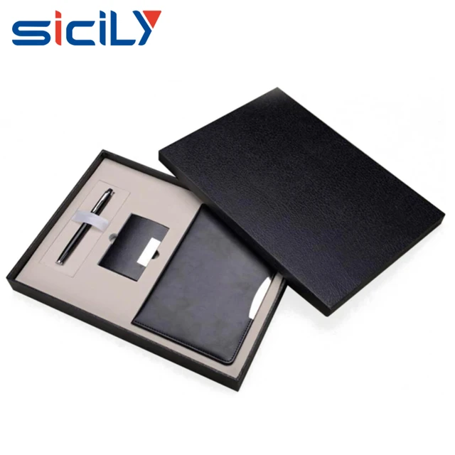black luxury pu leather notebobok business gift set for men