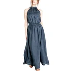 Customize Linen Clothes Ladies High Neck Long Maxi Dress For Women