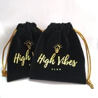 Custom print gold logo pouch velvet bag for jewelry with gold string