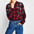 Red Embroidery Plaid Shirt Cotton Womens Loose Blouse Top Ladies Long Sleeve Casual Autumn Blouse Clothes STb-0571