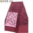 Wine Color Nigerian Lace Fabric 2019 Fashion Embroidered African French Lace Fabric Sequins Bridal For Wedding Dress