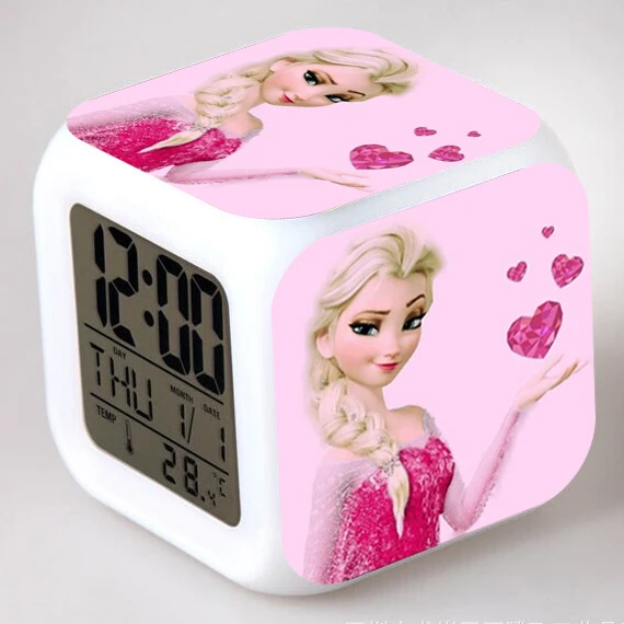 7 renk Değişimi Parlayan Saat Dondurulmuş Anna ve Elsa Termometre Gece Renkli dijital alarmlı saat Saat LCD saat