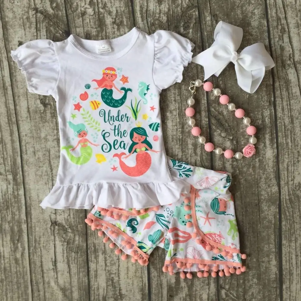 new Summer baby girls clothes mint coral mermaid under the sea boutique short kids cotton kids wear ruffles match accessories