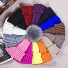 Snow Fox Hot Winter Colorful Snow Caps Acrylic Knitted Beanie Hat With Real Sliver Fox Fur Pom Poms For Women