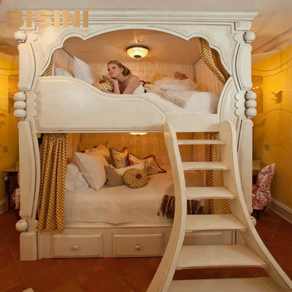 Bisini французский стиль белые дети деревянная двухъярусная кровать, дом мечты принцесса кровать BF07-70212