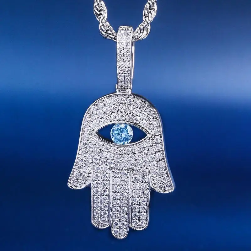 KRKC&CO White Gold Iced Out Hamsa Hand Pendant Hip Hop Jewelry for amazon/ebay/wish online store for Wholesale Agent in Stock