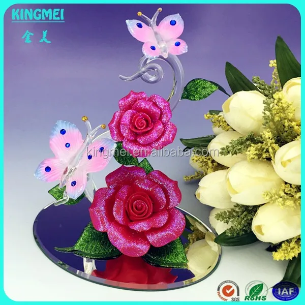 crystal heart crystal pink rose for girls glass flower for