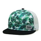 Fashion design 5 panels sublimation print green plant flower pattern trucker flat brim snapback cap hat