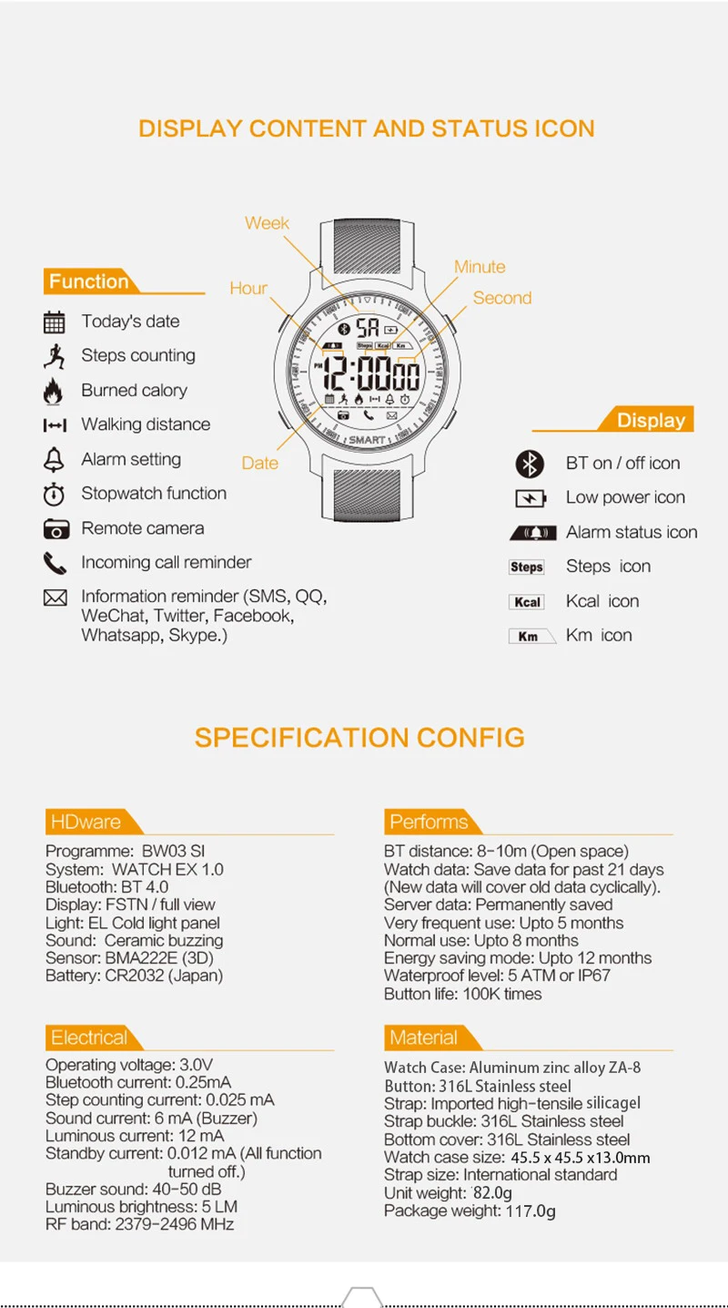 Original Makibes EX18 Sports Smart watch BT 4.0 Call reminder Remote control Stopwatch Pedometer 5 ATM Water Resistant (16)