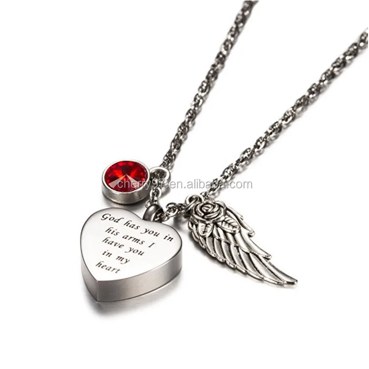New Angel Wings Heart Crystal Cremation Urn Ashes Silver Memorial Necklace