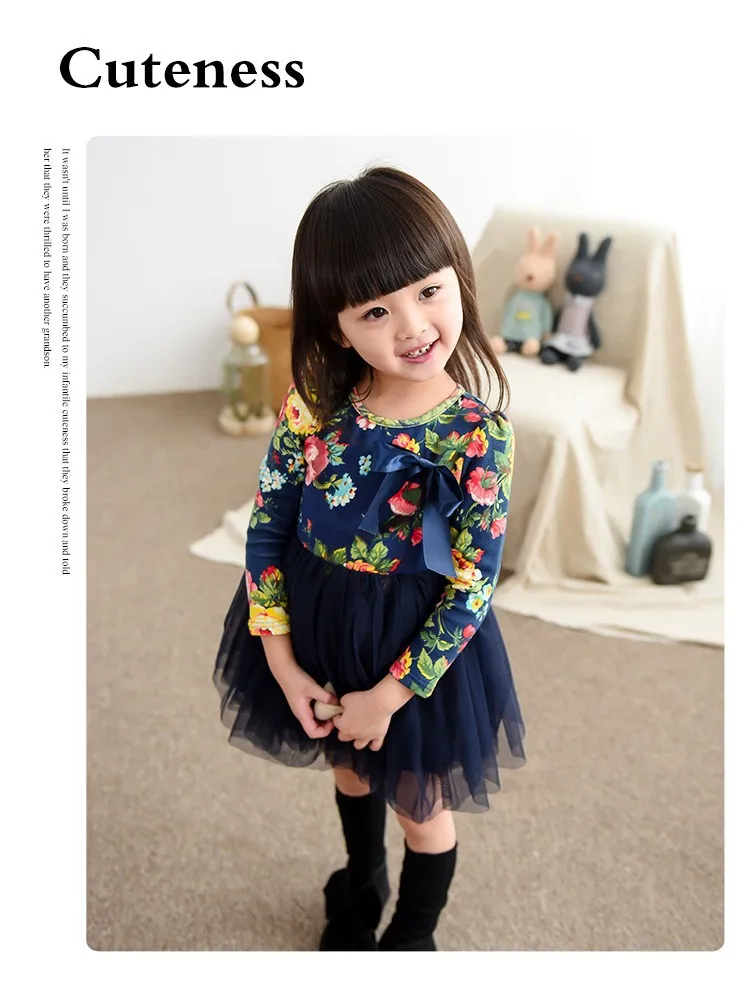 2015 New Autumn Girls Clothes Long Sleeve Flower Print Girl Dress For Party Wedding Children Kids Girl Floral Dress For School