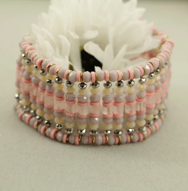2016 women pink bead custom woven wide elastic bracelet
