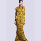 Fashion Yellow Printed Waist Muslim Women's Dress Baju Kurung