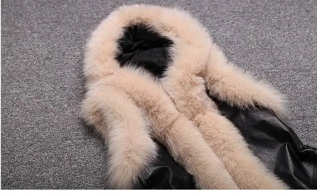 2014 the new explosion models in Europe and America big plush leather trim grass washed hooded sleeveless long vest